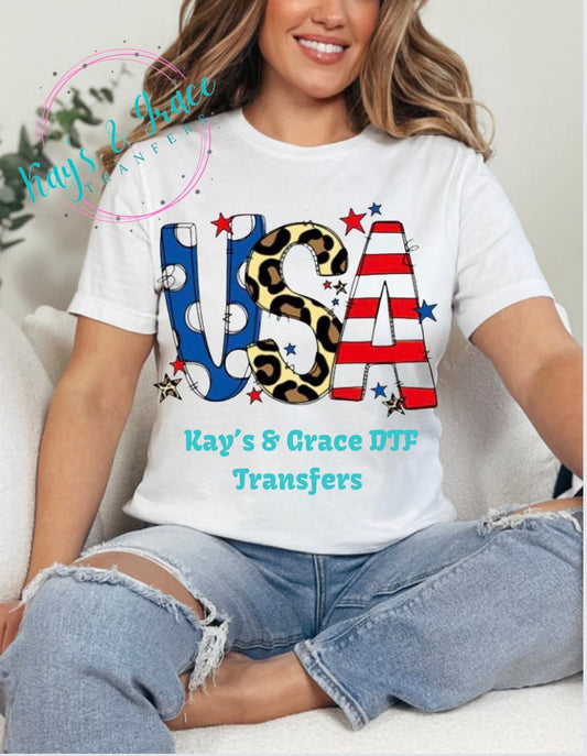 Kay’s and Grace Transfers 12” USA leopard Fourth of July Heat DTF Transfer